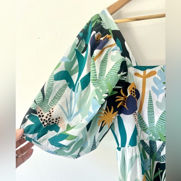 Oliphant Bubble Hem Tropical Leaf Print Puff Sleeve Cotton Mini Dress Medium - Picture 2 of 11